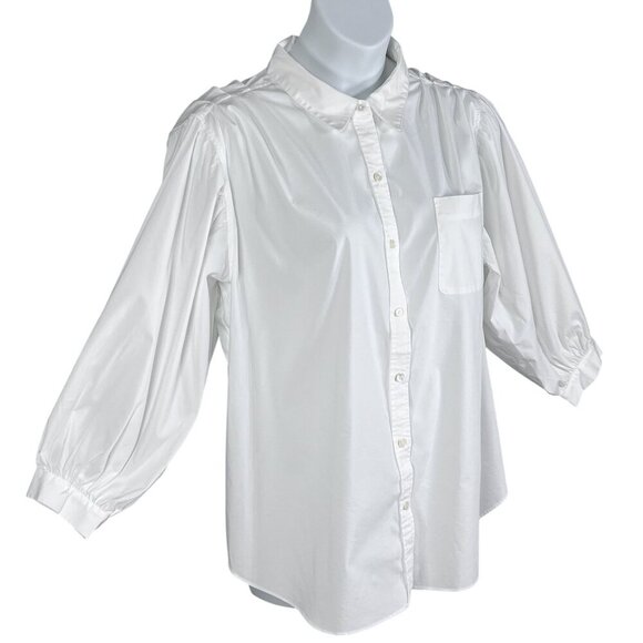 Philosophy Womans 3X White Button Up Blouse Balloon Sleeves Pocket Minimalist - Picture 5 of 16